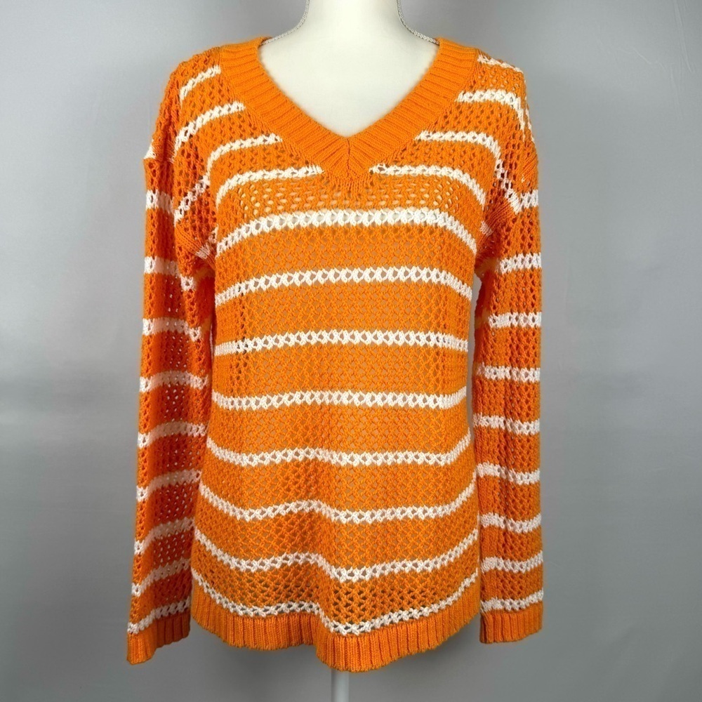 Talbots Open Knit Crochet Tunic Sweater Orange Stripes Cotton Med Pet Beach - Picture 2 of 10